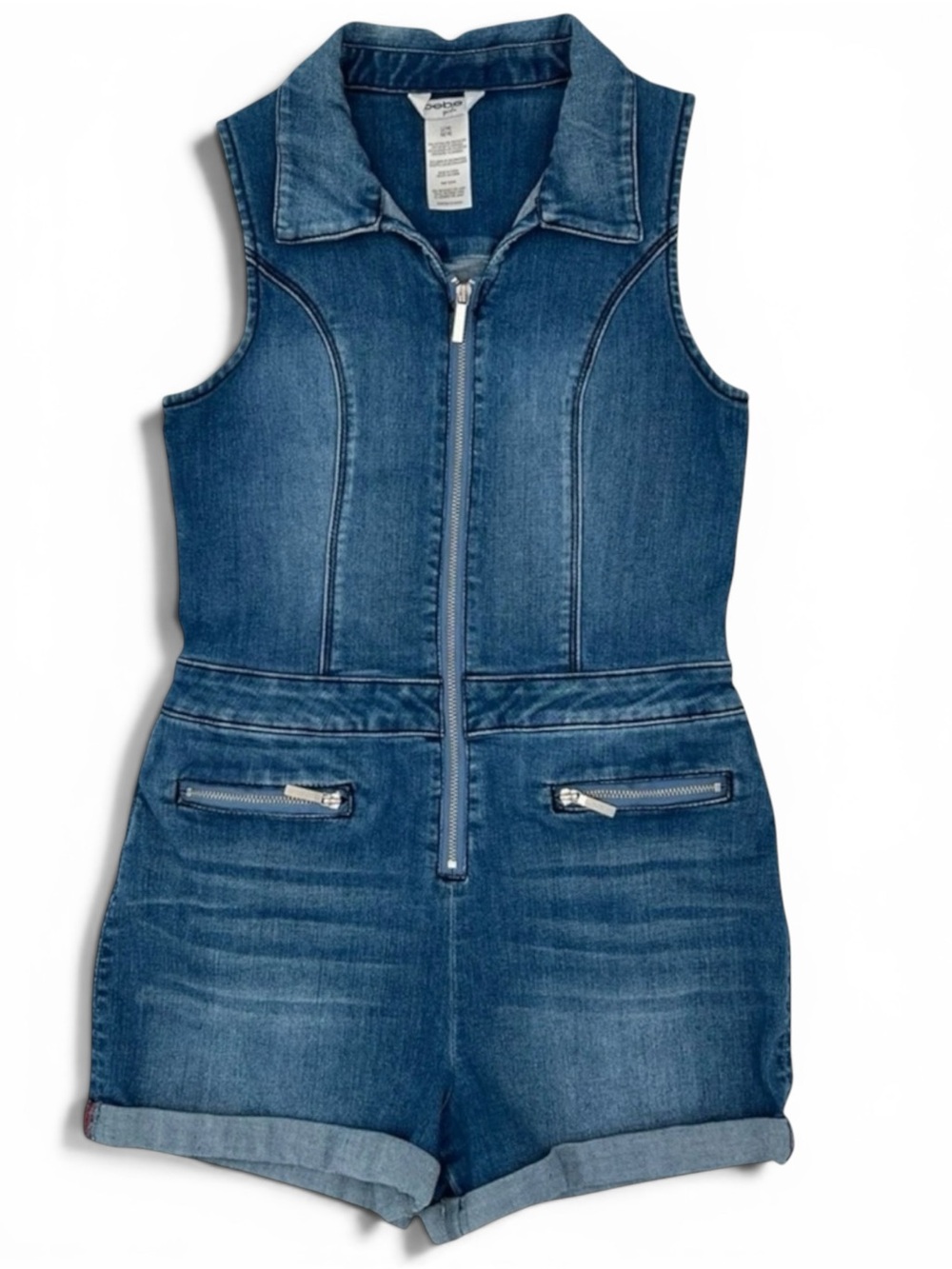 Bebe Denim Stretch Romper Girls Size 14 Zip Front Sleeveless Cuffed Shorts Blue